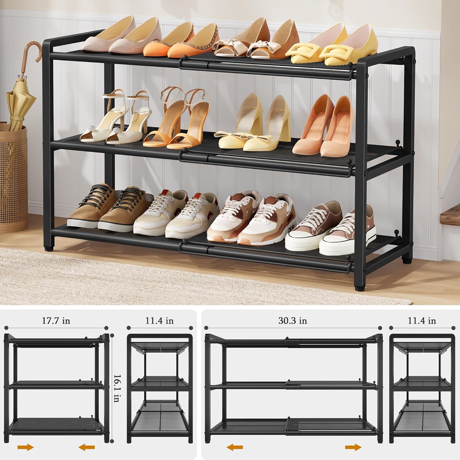 Gewudraw 3 Tier Expandable Shoe Rack, Adjustable Heavy Duty Metal Shoe Organizer for Closet, Shoe Storage for Entryway, Garage, Bedroom, Door Entrance, Black