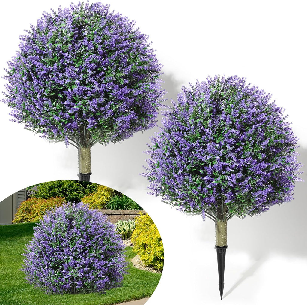 Lunmon 2 Pack 24" Artificial Topiary Ball Plants Trees with Flowers, Outdoor Fake Topiary Plants with Ground Spike, UV Resistant Faux Bushes for Indoor Outdoor Front Door Decor(Purple,Rose)