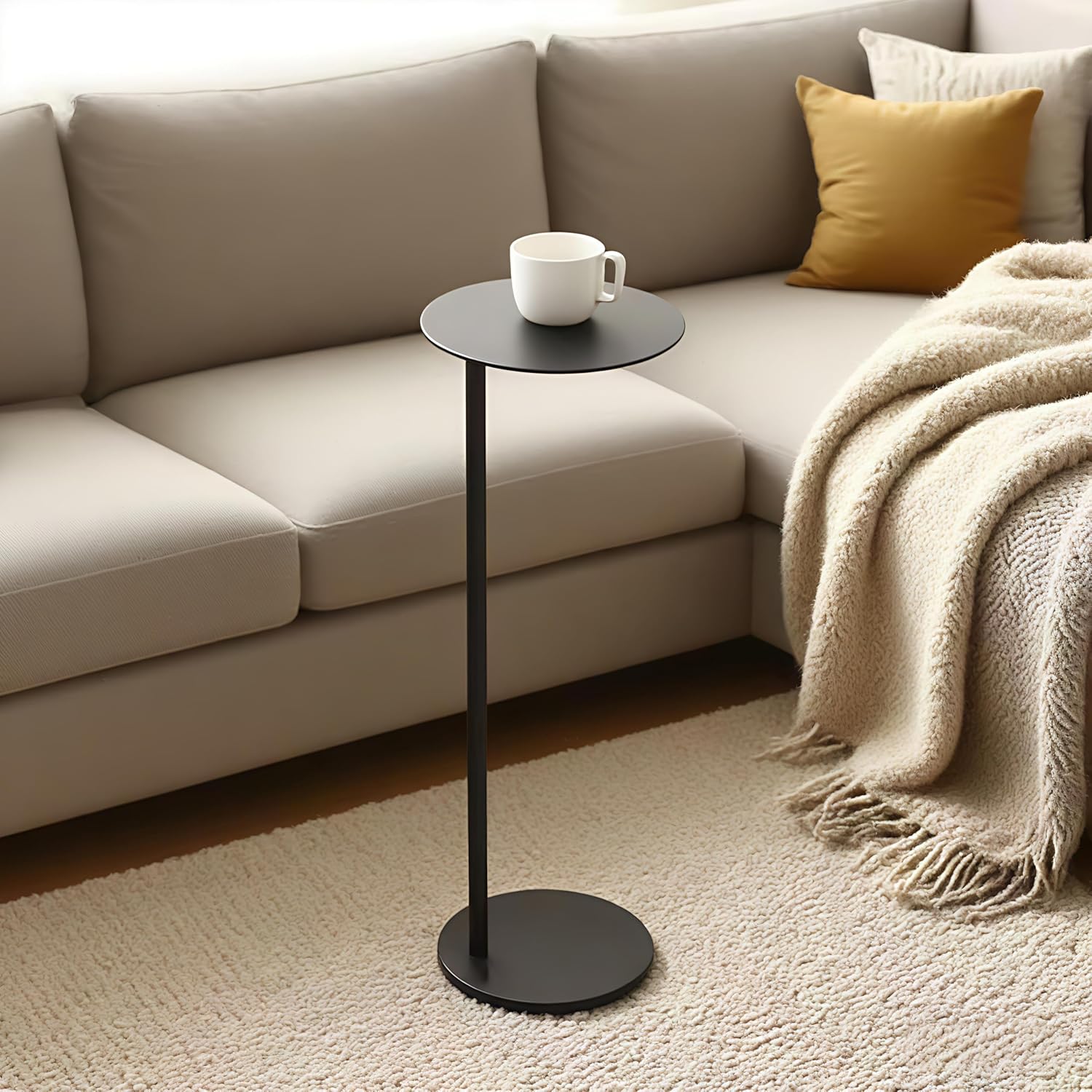Premium Round Mini Side Table, C Shaped End Table, Drink Table, Small Pedestal Side Table with Upgraded Weighted Metal Base, for Livingroom, Bedroom, Bathroom, Balcony, Small Spaces (Black)
