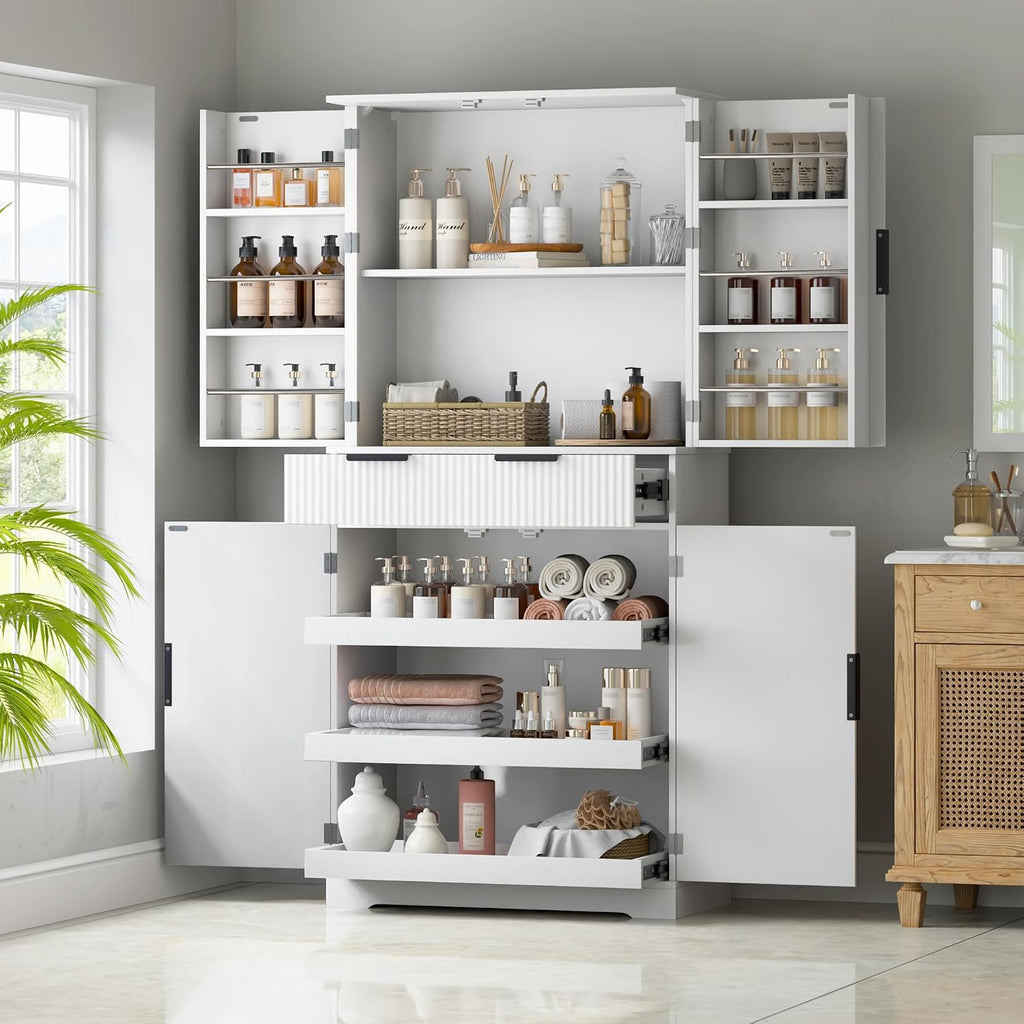 72" Tall Fluted Kitchen Pantry Cabinet with 3 Drawers 6 Adjustable Door Shelves Large Freestanding Storage Cupboard for Kitchen Bathroom Dining Room Office Entryway White