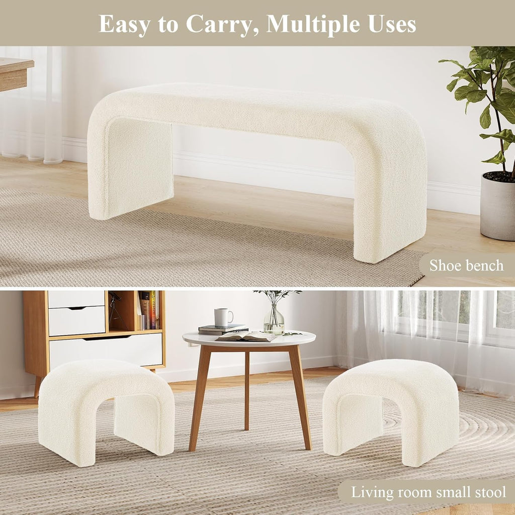 3-Piece Modern Ottoman Bench Set, 44" Wide Teddy Upholstered End of Bed Bench with 2 Foot Stools, Padded U-Shaped Entry Bench Vanity Stool for Living Room Bedroom (Cream)