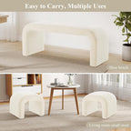 3-Piece Modern Ottoman Bench Set, 44" Wide Teddy Upholstered End of Bed Bench with 2 Foot Stools, Padded U-Shaped Entry Bench Vanity Stool for Living Room Bedroom (Cream)