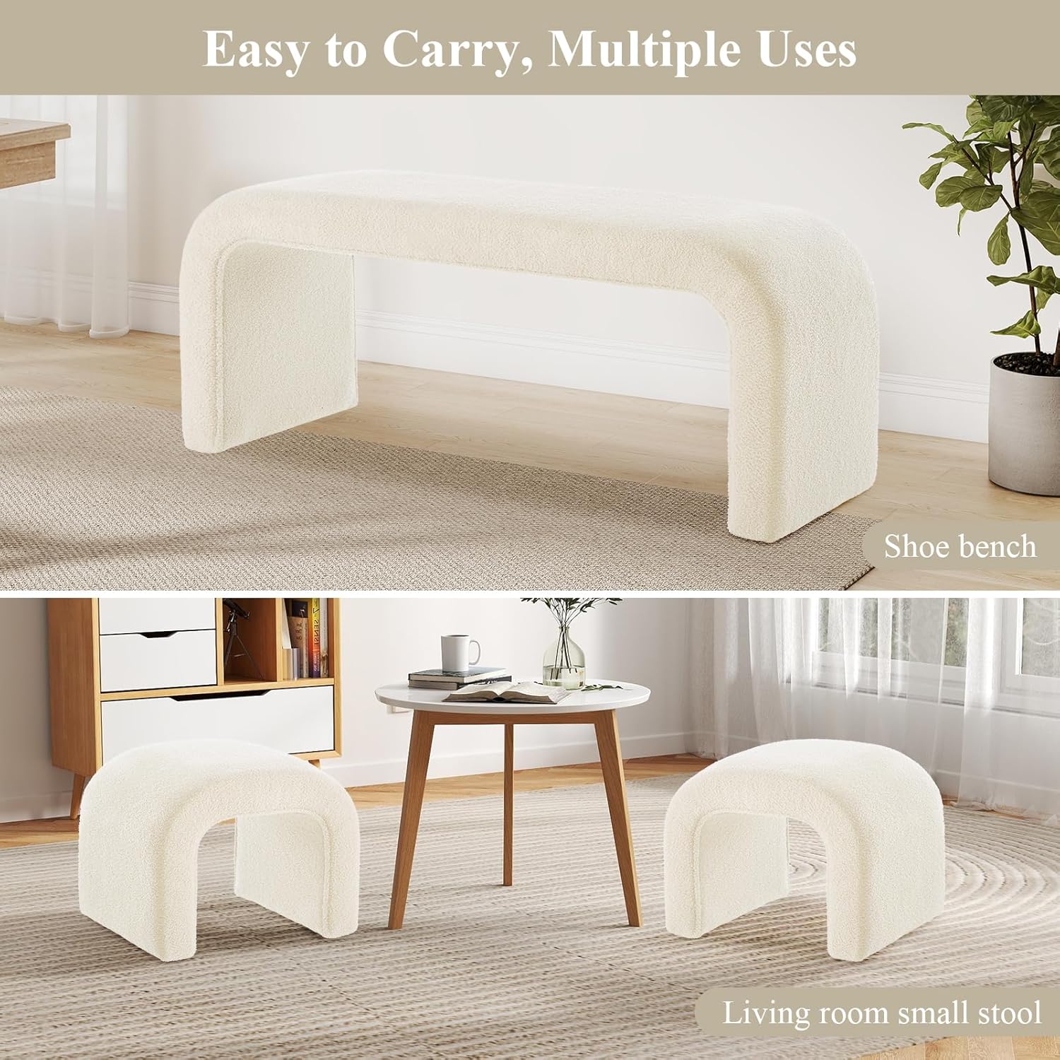 3-Piece Modern Ottoman Bench Set, 44" Wide Teddy Upholstered End of Bed Bench with 2 Foot Stools, Padded U-Shaped Entry Bench Vanity Stool for Living Room Bedroom (Cream)
