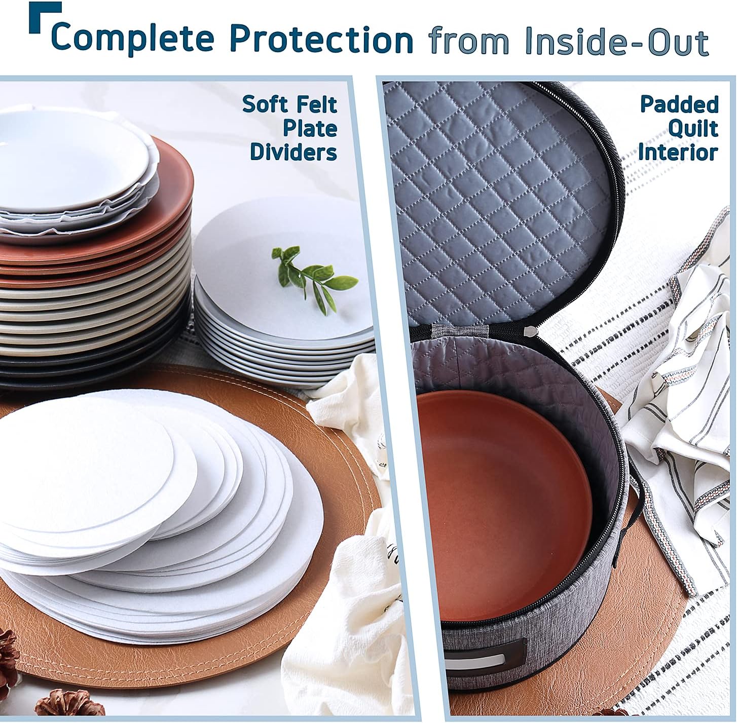 Fine China Storage Containers, 5 Piece Quilted Dish Storage Containers, Mug, Cup, and Plate Dish Organizer with Felt Dividers, Service of 12 Dinnerware Boxes for Moving, Seasonal Organization, Grey