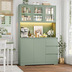 FINETONES 71" Kitchen Pantry Cabinet with LED Lights and Charging Station, Modern Kitchen Hutch Cabinets with Storage and Microwave Stand, Pantry Cabinet Buffet with Countertop, Green
