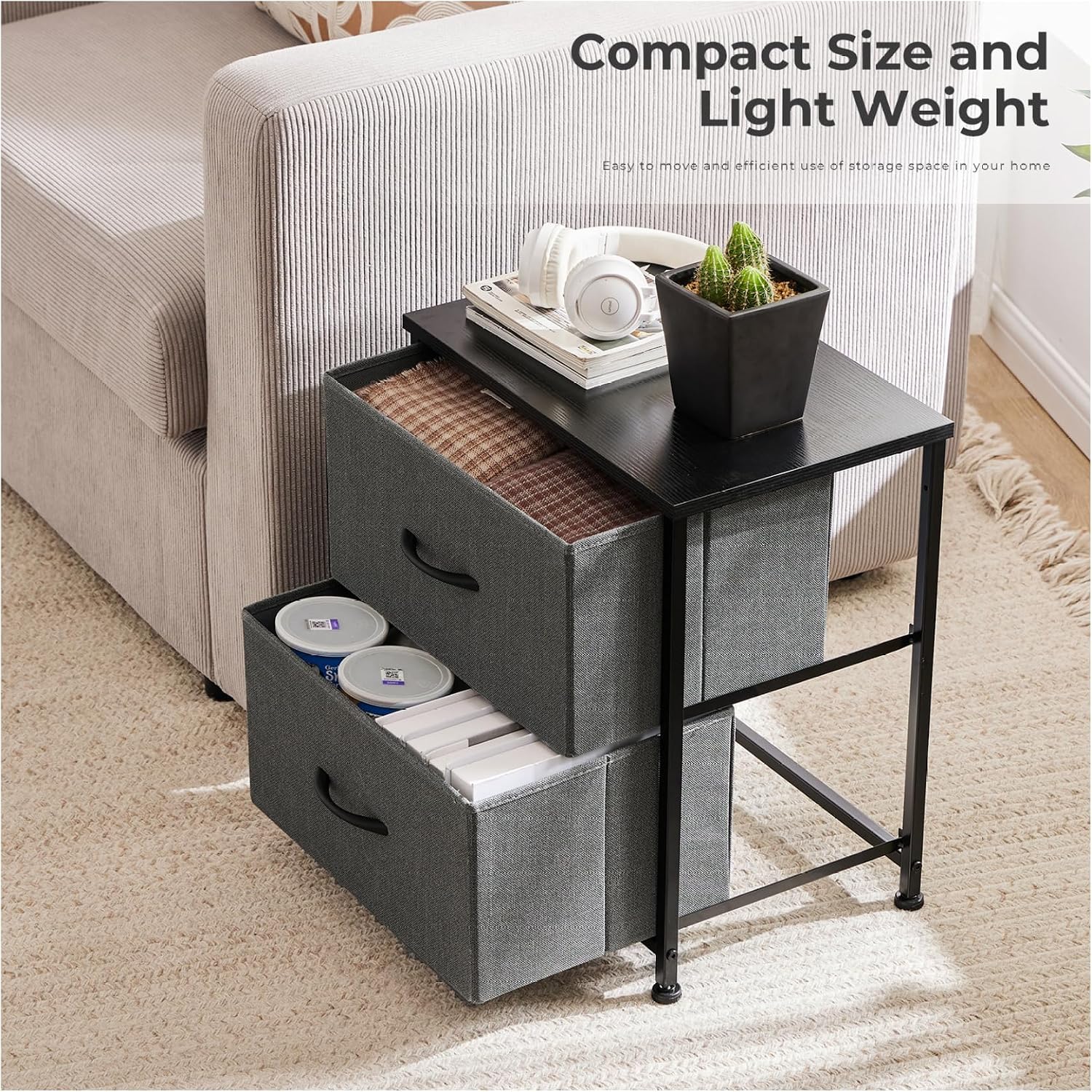 Fabric Dresser 2 Drawers, Nightstands with Adjustable Feet, End Table for Bedroom, Set of 2 - Modern Storage Cabinets