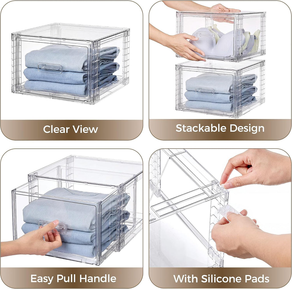 Vtopmart 4 Pack Clear Stackable Storage Drawers 15QT, Easily Assemble Closet Organizers,Plastic Storage Bins for Bathroom,Cabinet,Kitchen Pantry,Under Sink Organization(Medium)