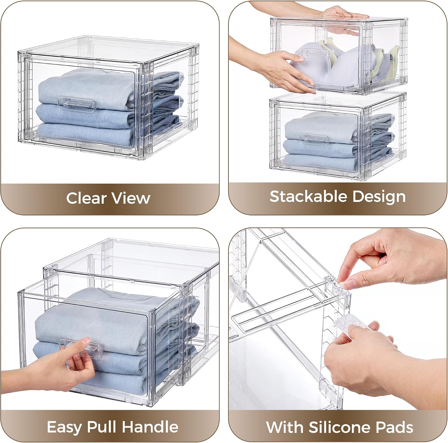 Vtopmart 4 Pack Clear Stackable Storage Drawers 15QT, Easily Assemble Closet Organizers,Plastic Storage Bins for Bathroom,Cabinet,Kitchen Pantry,Under Sink Organization(Medium)