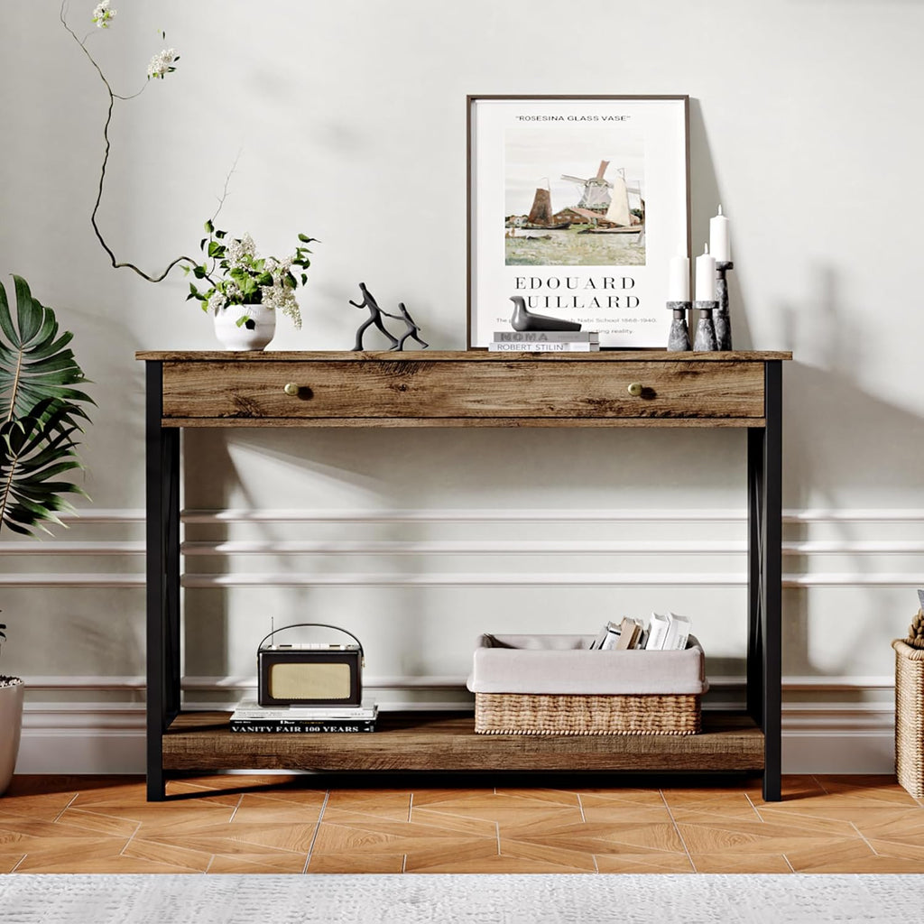 Treocho Console Table with Drawer and Storage Shelves, Foyer Sofa Table Narrow for Entryway, Living Room, Hallway Rustic Oak & Black