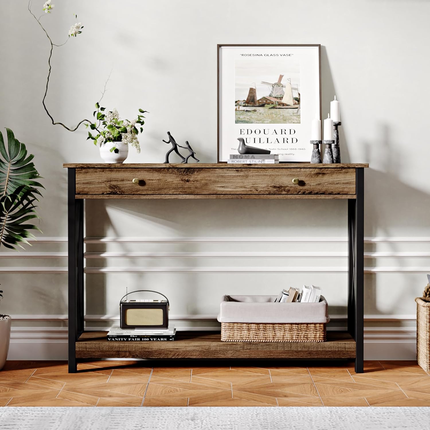Treocho Console Table with Drawer and Storage Shelves, Foyer Sofa Table Narrow for Entryway, Living Room, Hallway Rustic Oak & Black