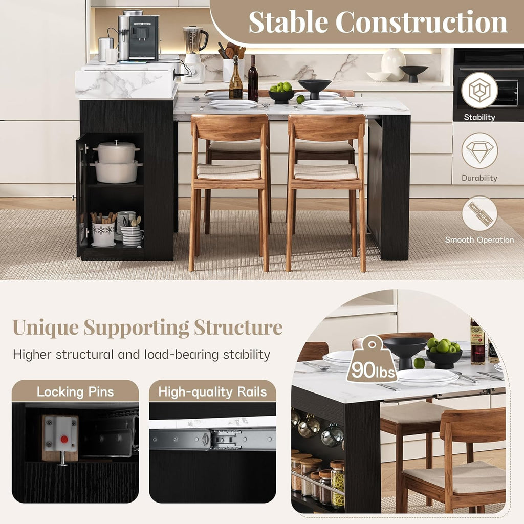 Extendable Dining Table with Folding Tabletop, Bar Table with Drawers and Power Outlet, Kitchen Island with Wheels and Hooks, Sideboard for Kitchen and Dining Room (Black+Marble White)