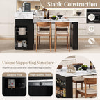 Extendable Dining Table with Folding Tabletop, Bar Table with Drawers and Power Outlet, Kitchen Island with Wheels and Hooks, Sideboard for Kitchen and Dining Room (Black+Marble White)