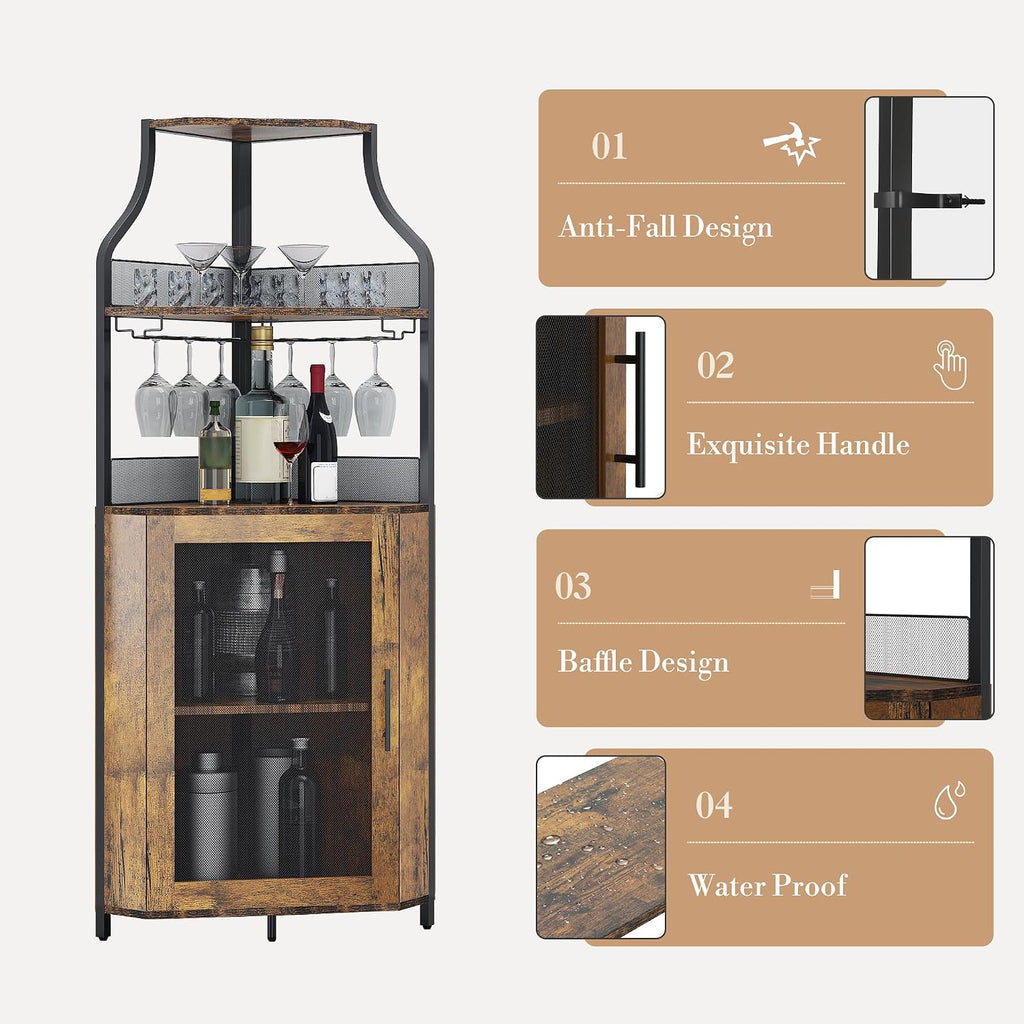 Corner Bar Cabinet, 61" Tall Farmhouse Wine Cabinet with Led Light & Detachable Wine Rack, 5-Tier Industrial Wine Cabinet with Glass Holder & Adjustable Shelves & Feet for Dining, Living Room, Kitchen