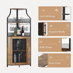 Corner Bar Cabinet, 61" Tall Farmhouse Wine Cabinet with Led Light & Detachable Wine Rack, 5-Tier Industrial Wine Cabinet with Glass Holder & Adjustable Shelves & Feet for Dining, Living Room, Kitchen