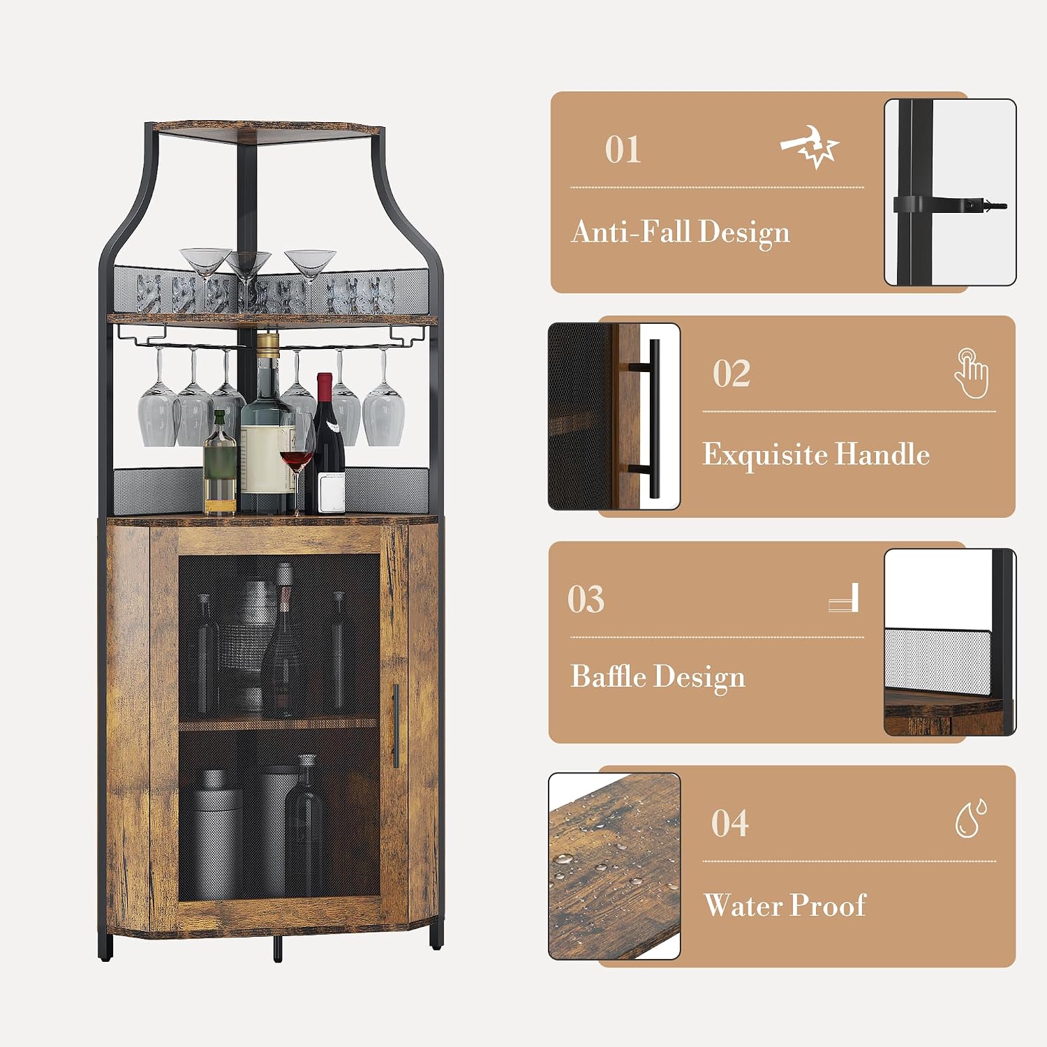 Corner Bar Cabinet, 61" Tall Farmhouse Wine Cabinet with Led Light & Detachable Wine Rack, 5-Tier Industrial Wine Cabinet with Glass Holder & Adjustable Shelves & Feet for Dining, Living Room, Kitchen