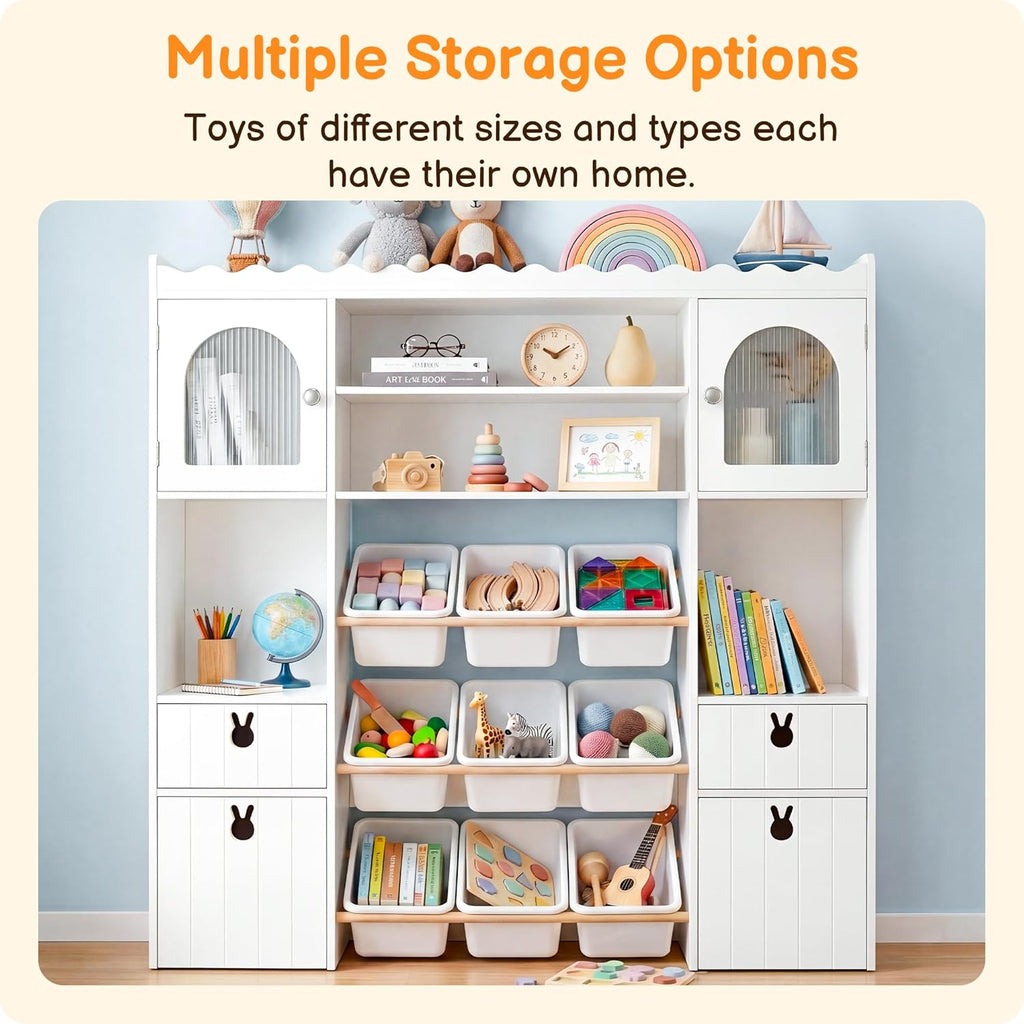 46.46" H Kids Toy Storage Organizer,Toy Chest with Book Shelf,Toy Bins,Storage Cubbies,Drawer and Rolling Cubbies,Easy Access and Clean,Space Saving for Playroom,Bedroom,Living Room (White)
