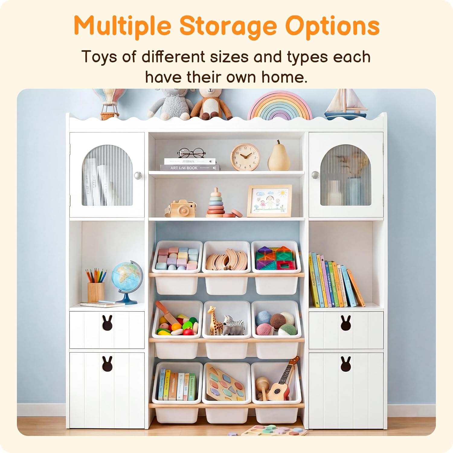 46.46" H Kids Toy Storage Organizer,Toy Chest with Book Shelf,Toy Bins,Storage Cubbies,Drawer and Rolling Cubbies,Easy Access and Clean,Space Saving for Playroom,Bedroom,Living Room (White)