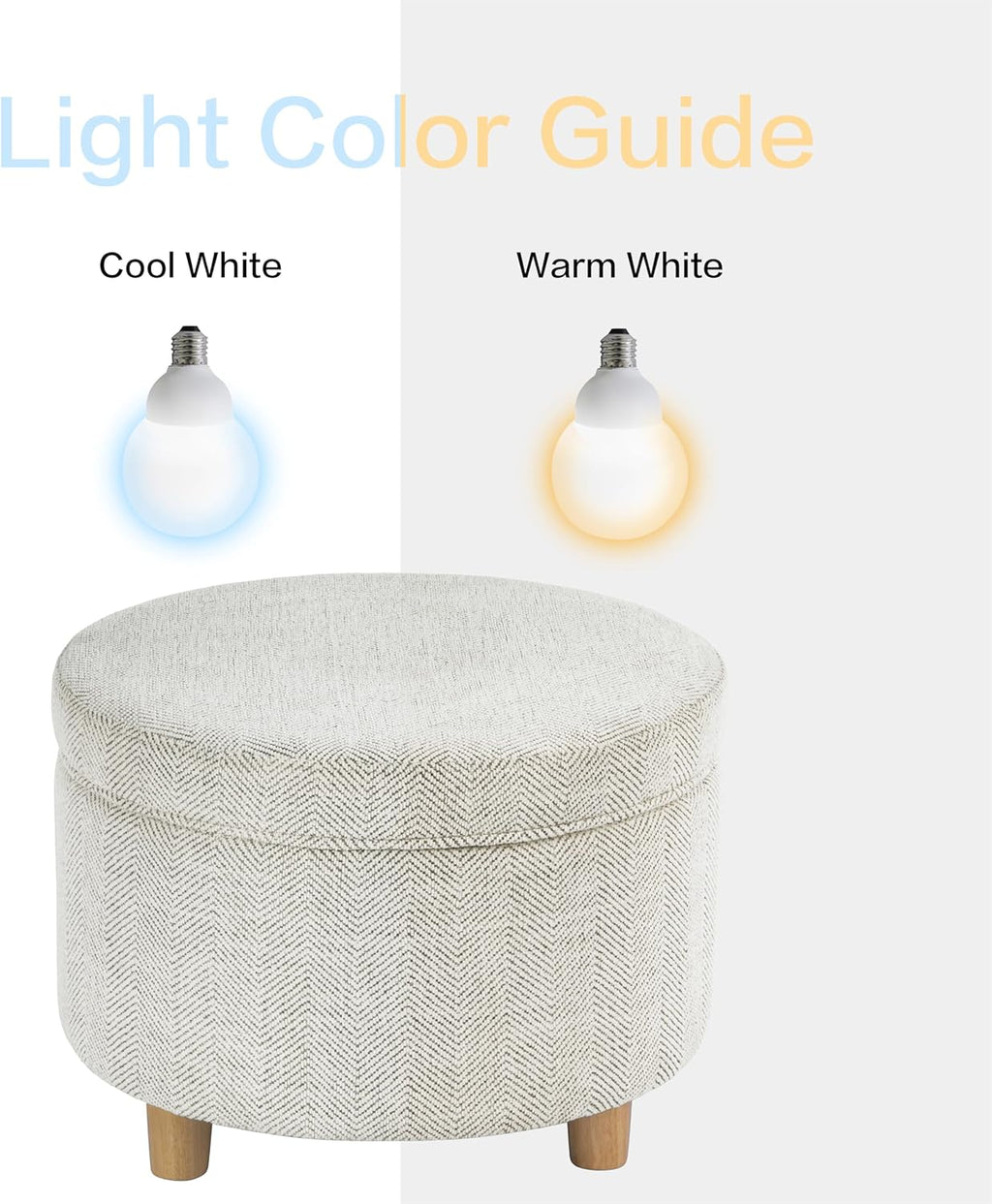 Homepop Home Decor | Upholstered Round Storage Ottoman | Ottoman with Storage for Living Room & Bedroom (Cream Chevron Woven) Large
