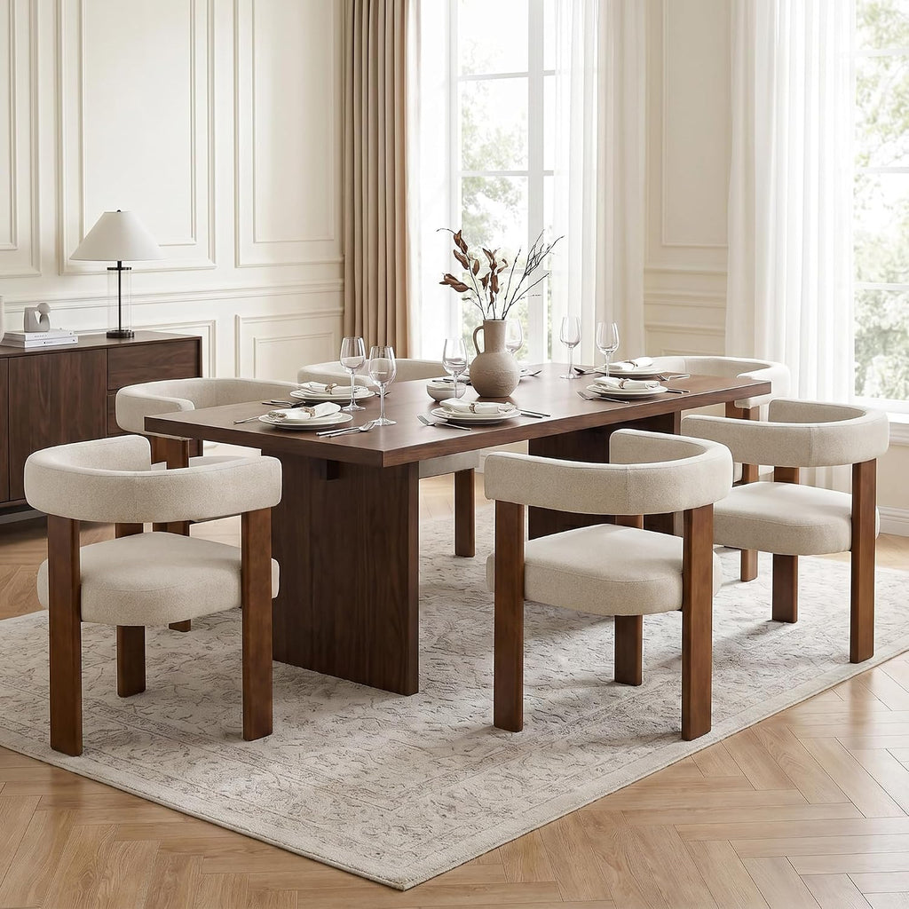 Usaint Wooden Barrel Dining Chairs Set of 4, Mid-Century Modern Upholstered Dining Room Chairs with Walnut Wood Legs and Loop Back, Comfy Accent Arm Chair for Dining Room, Kitchen, Living Room, Beige