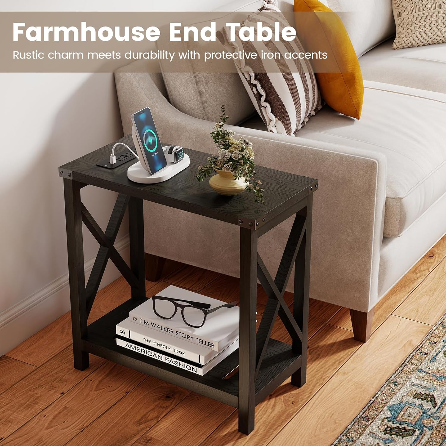 Hadulcet Farmhouse Side Table with Charging Station - Narrow Bedside Table for Small Space, Slim End Table, Rustic X-Design Nightstand for Living Room, Bedroom, Classic Black