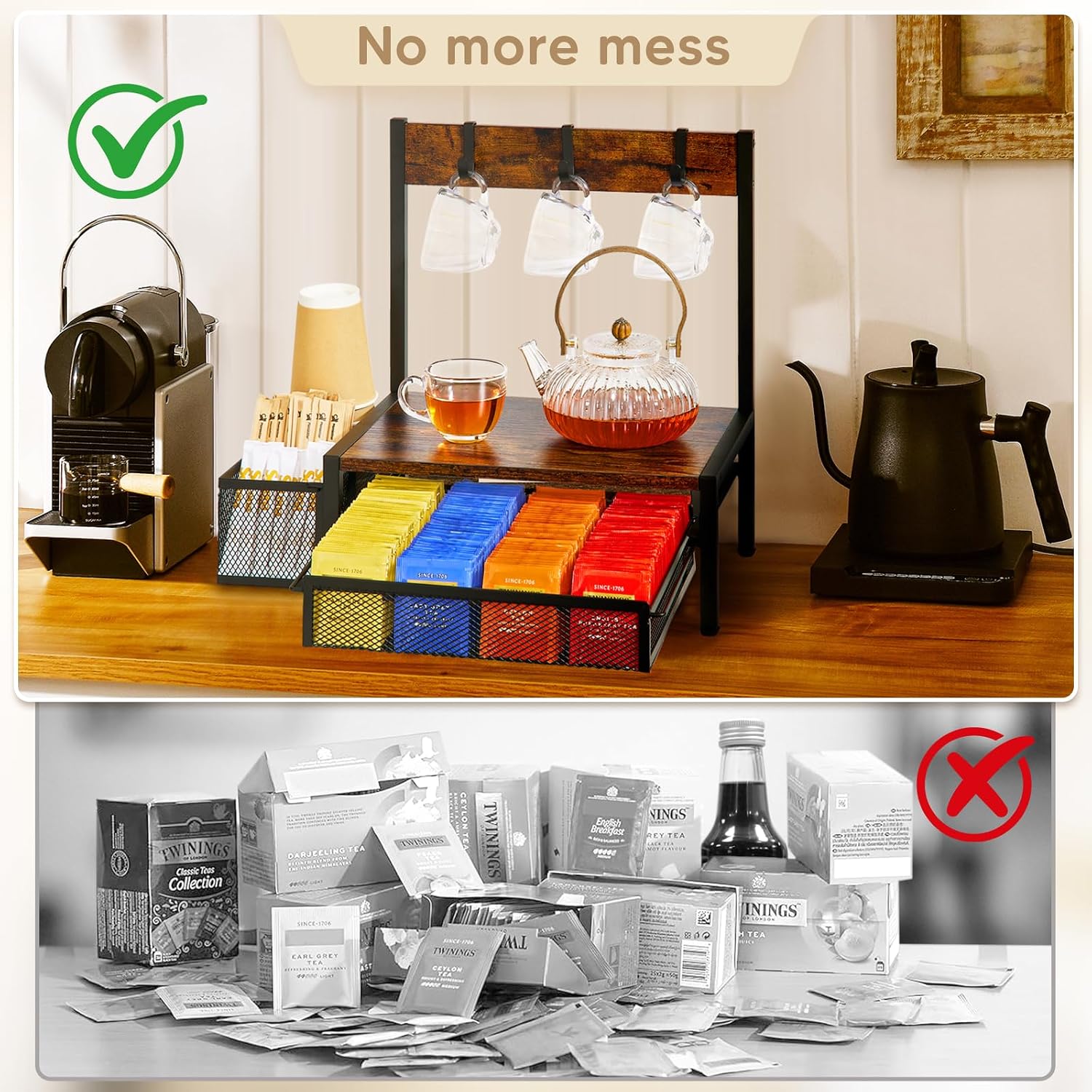 DGWJSU Tea Bag Organizer, Wood Tea Organizer and Storage Cheast, Tea Bag Holder with Storage Drawer, 4 Hooks for Tea Cups Holder, Tea Station Chest Display Container Box for Countertop Kitchen