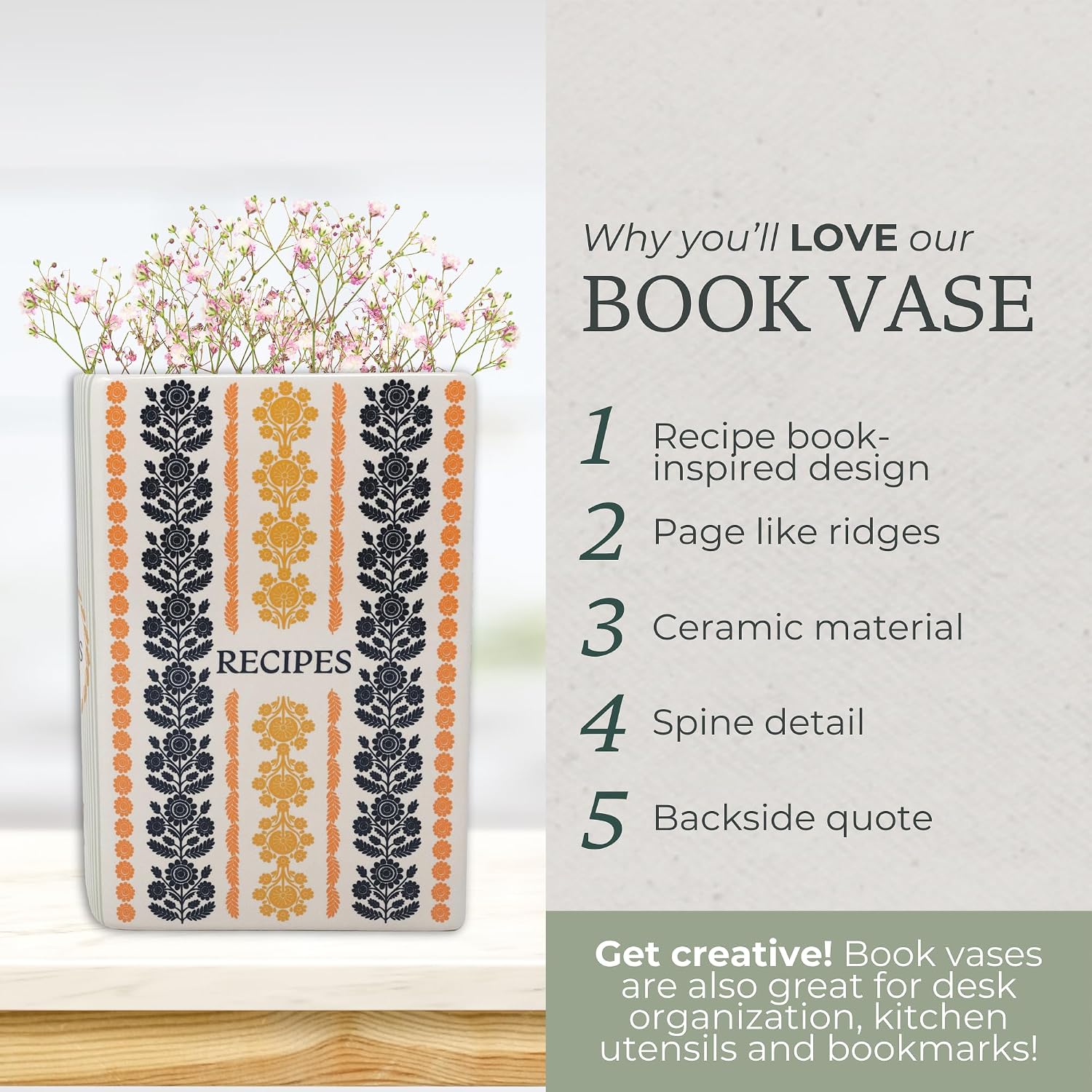 Steel Mill & Co Original Book-Shaped Decorative Vase, Ceramic Vases for Home Decor, Cute Kitchen Decor, Unique Vase (Vintage Floral Stripe)