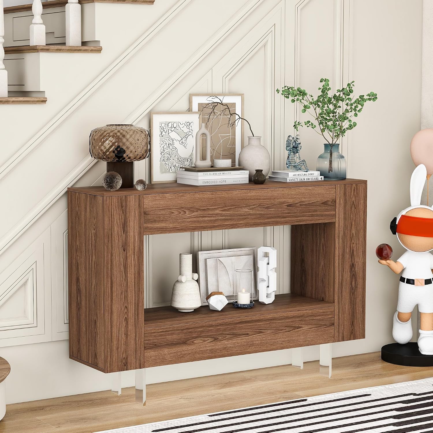 Console Table Entryway Table with Push-Open Doors - Modern Sofa Table with Open Shelf for Foyer, Living Room, Bedroom, Woodgrain Finish, Brown