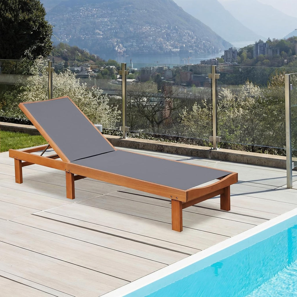 Tangkula Wood Lounge Chair Outdoor Set of 2, Patio Chaise Lounger with 5 Position Adjustable Back, Eucalyptus Wood Reclining Lounge Chair with Breathable Fabric for Poolside Lawn Backyard (Grey)