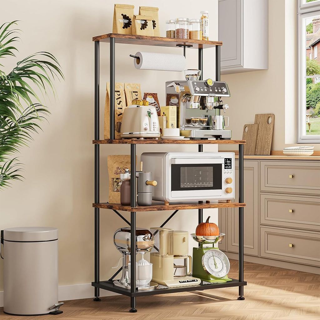 SUPERLELE 4-Tier Bakers Rack, Coffee Bar Table with Paper Holder, Rustic Brown Kitchen Storage Shelf Microwave Stand, Reinforced Industrial Standing Rack for Home Kitchen, 23.6 x 13 x 49.2 Inches