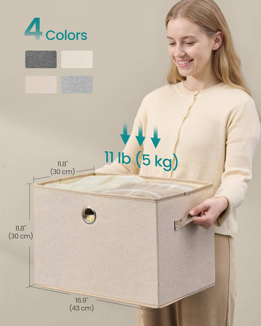 SONGMICS Large Storage Bins with Lids, 41 Quart Fabric Closet Organizer, 3 Pack Foldable Storage Boxes, 16.9" L x 11.8" W x 11.8" H, Summer Sand URFB545LF01