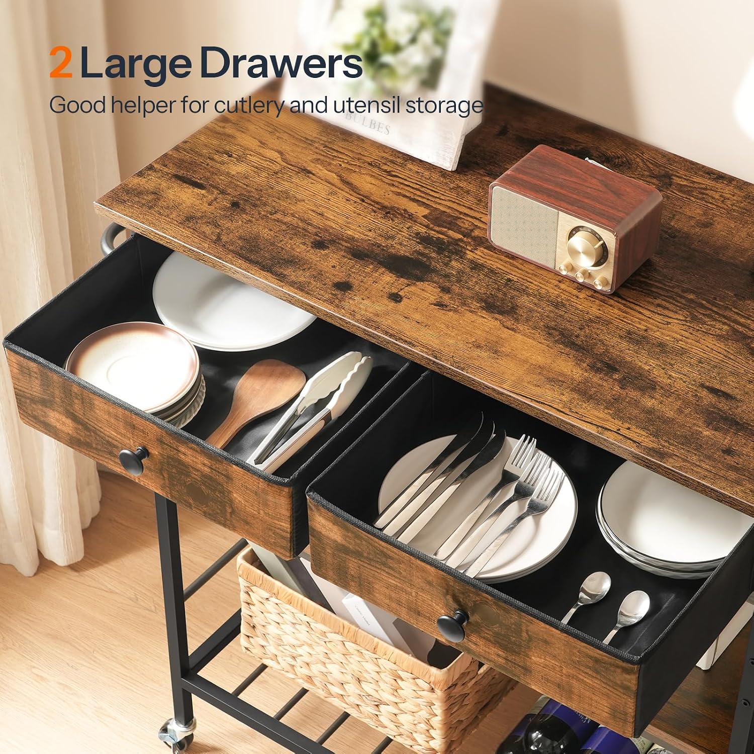 HOOBRO Kitchen Island with Storage, Rolling Island Cart for Kitchen with 2 Drawers & Outlet, 3 Tier Coffee Station and Microwave Stand, Kitchen Island Table for Home, Rustic Brown BF08UZD01