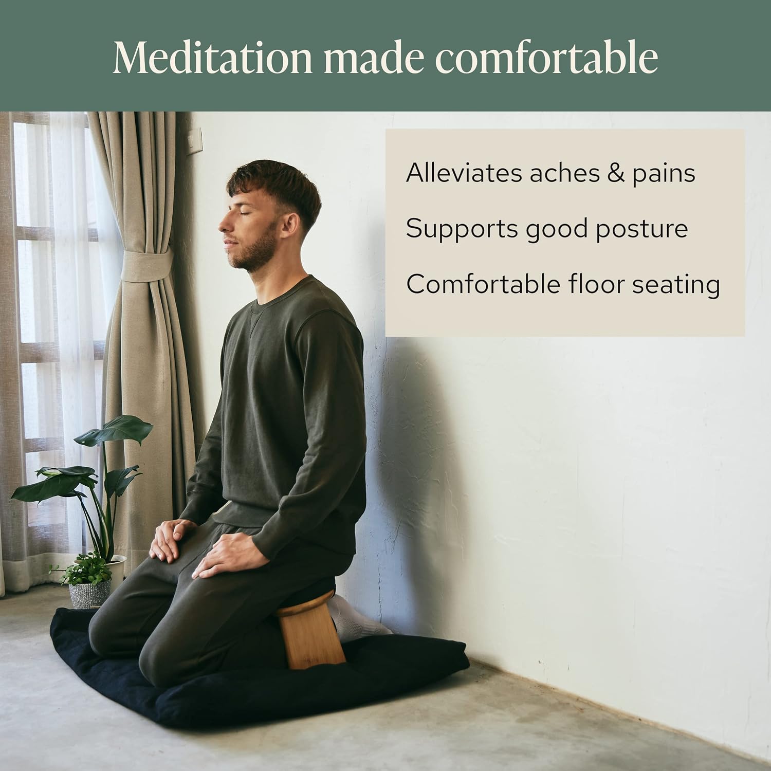 Mindful Modern Bamboo Bench and Zabuton Meditation Mat Bundle - Small Kneeling Meditation Bench with Locking Magnetic Hinges - Wooden Kneeling Ergonomic Bamboo Seiza and Mat for Meditation
