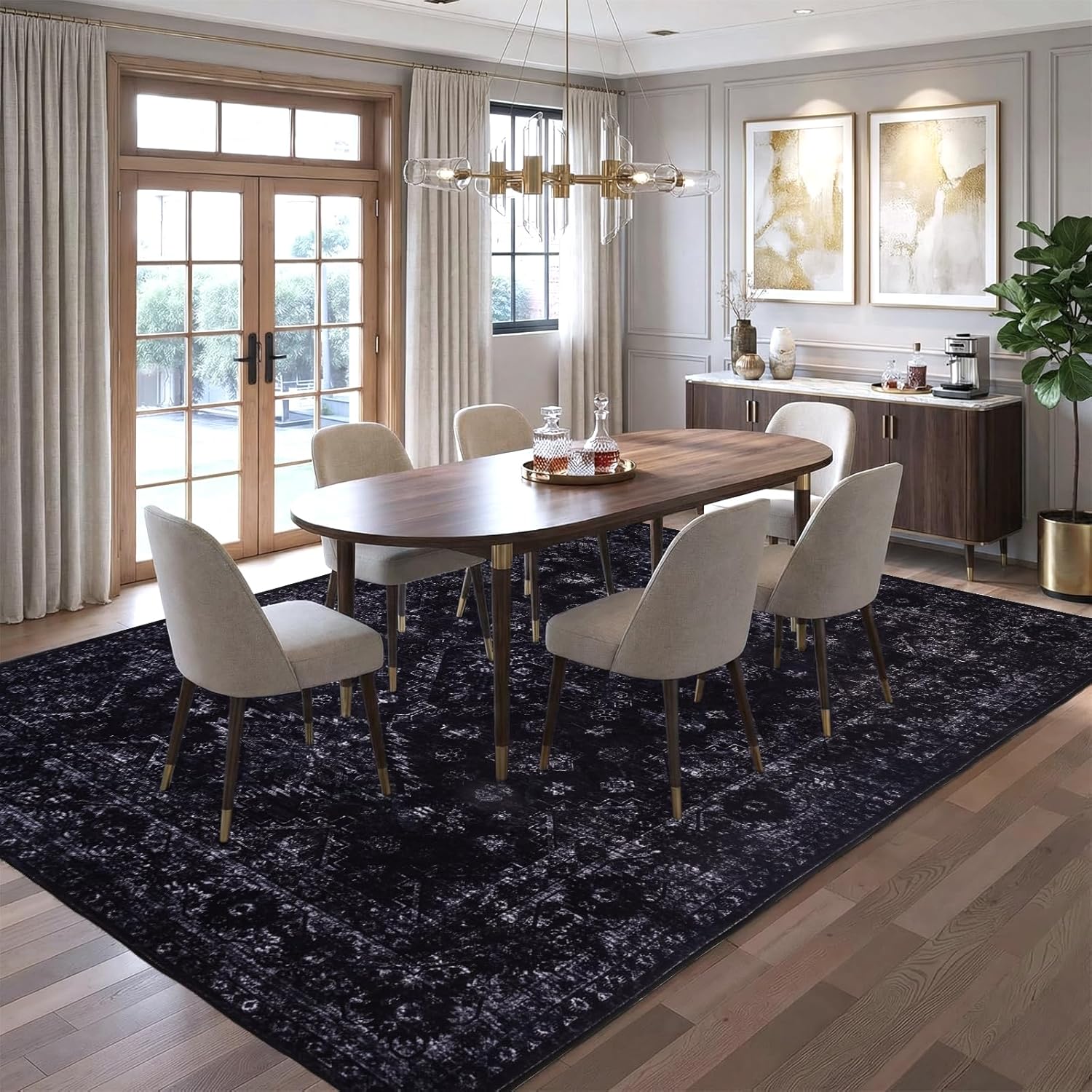 8x10 Area Rugs for Living Room, Machine Washable Rugs, Black Modern Neutral Rug Stain Resistant, Low Pile Non Slip, Boho Large Carpet for Bedroom Dining Room Nursery Dorm Indoor Office-Black 8'x10'