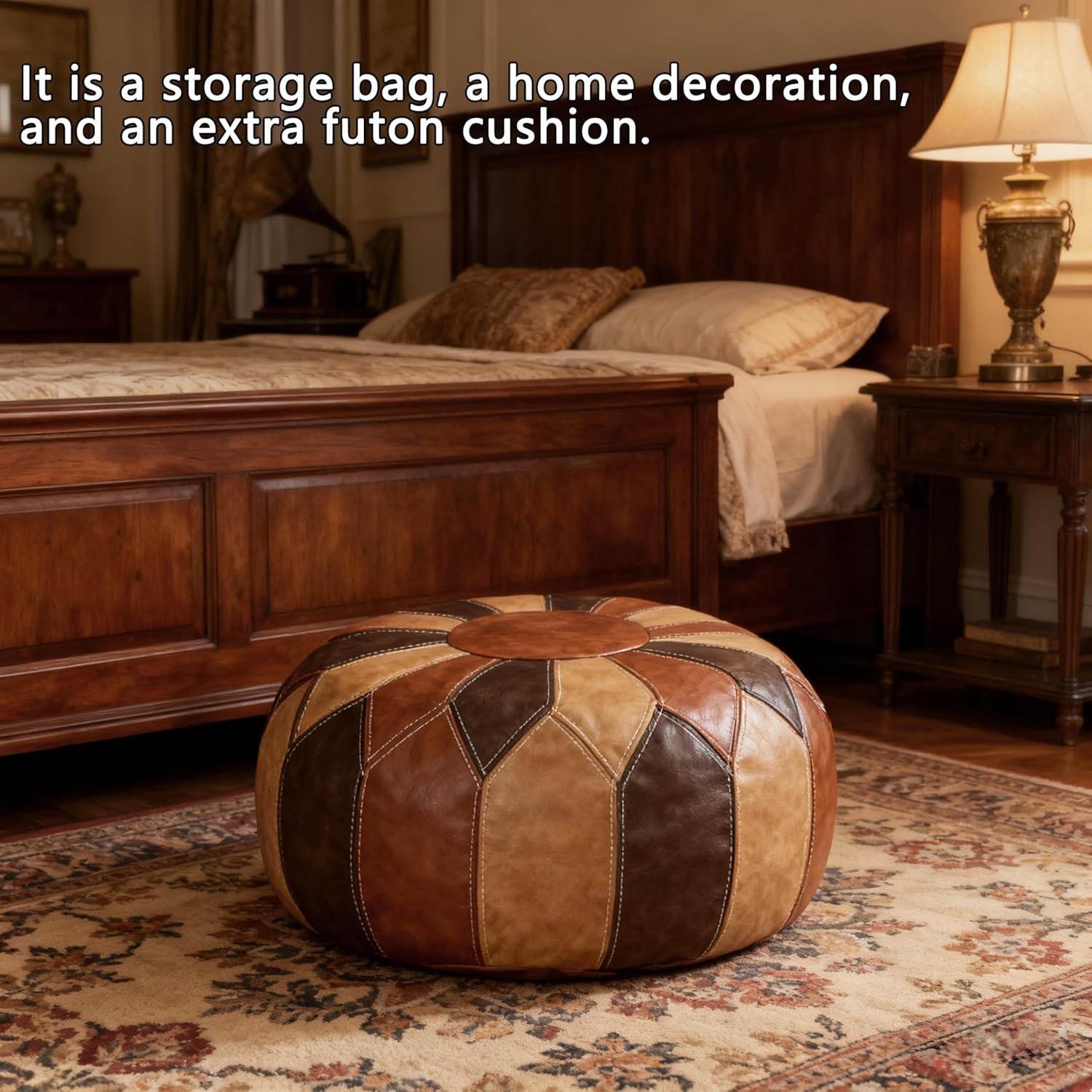 Thgonwid Unstuffed Moroccan Faux Leather Pouf Ottoman Cover with Storage - Boho Chic Multi-Use Footrest for Living Room, Bedroom, Patio - Round Ethnic Floor Cushion & Decorative Accent, Tricolor