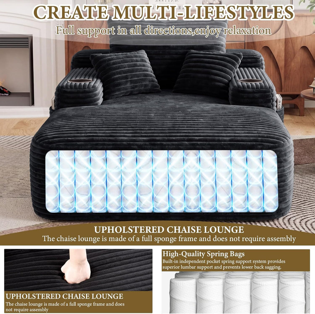 65" L Oversized Chaise Lounge Chair Indoor,Comfy Boneless Reading Chair with Cup Holder & Side Pockets,Corduroy Fabric Single Cloud Sofa Chair for Living Room & Bedroom,No Assembly, Black
