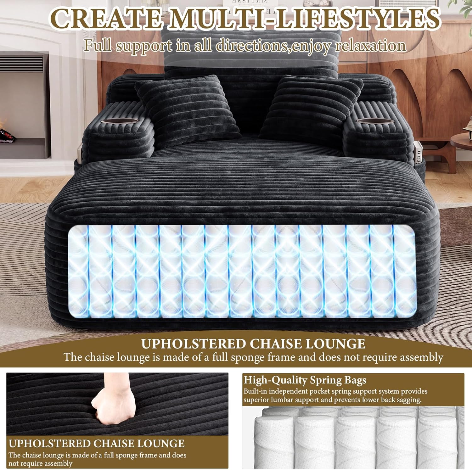 65" L Oversized Chaise Lounge Chair Indoor,Comfy Boneless Reading Chair with Cup Holder & Side Pockets,Corduroy Fabric Single Cloud Sofa Chair for Living Room & Bedroom,No Assembly, Black