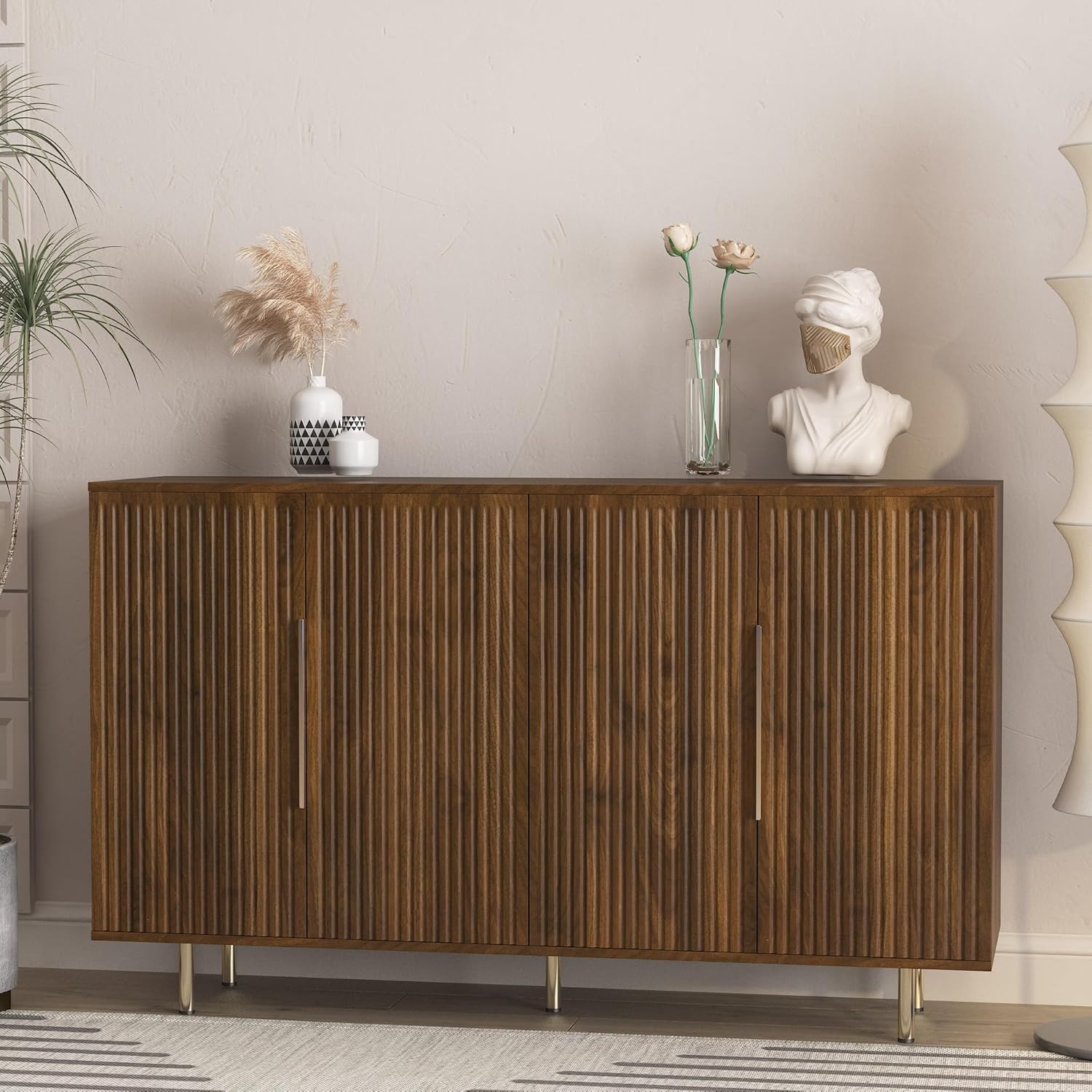 Sideboard Cabinet, 56" Large Buffet Cabinet with Storage, Wood Credenza Storage Cabinet with 4 Fluted Decorative Doors and Adjustable Shelves, for Living Room, Kitchen, Entryway, Walnut