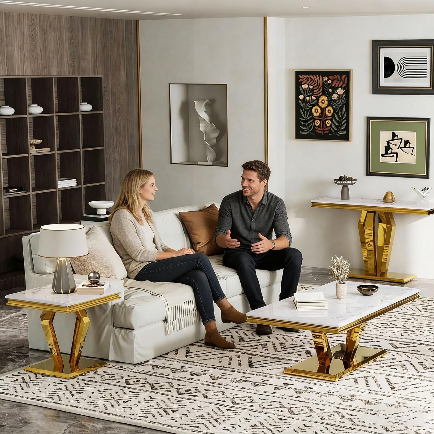 Asday White and Gold End Table for Living Room, Gold Modern End Table, 22 inch Luxury Square Side Table with Polished Geometric Base for Bedroom Home Office Balcony (1PCS)