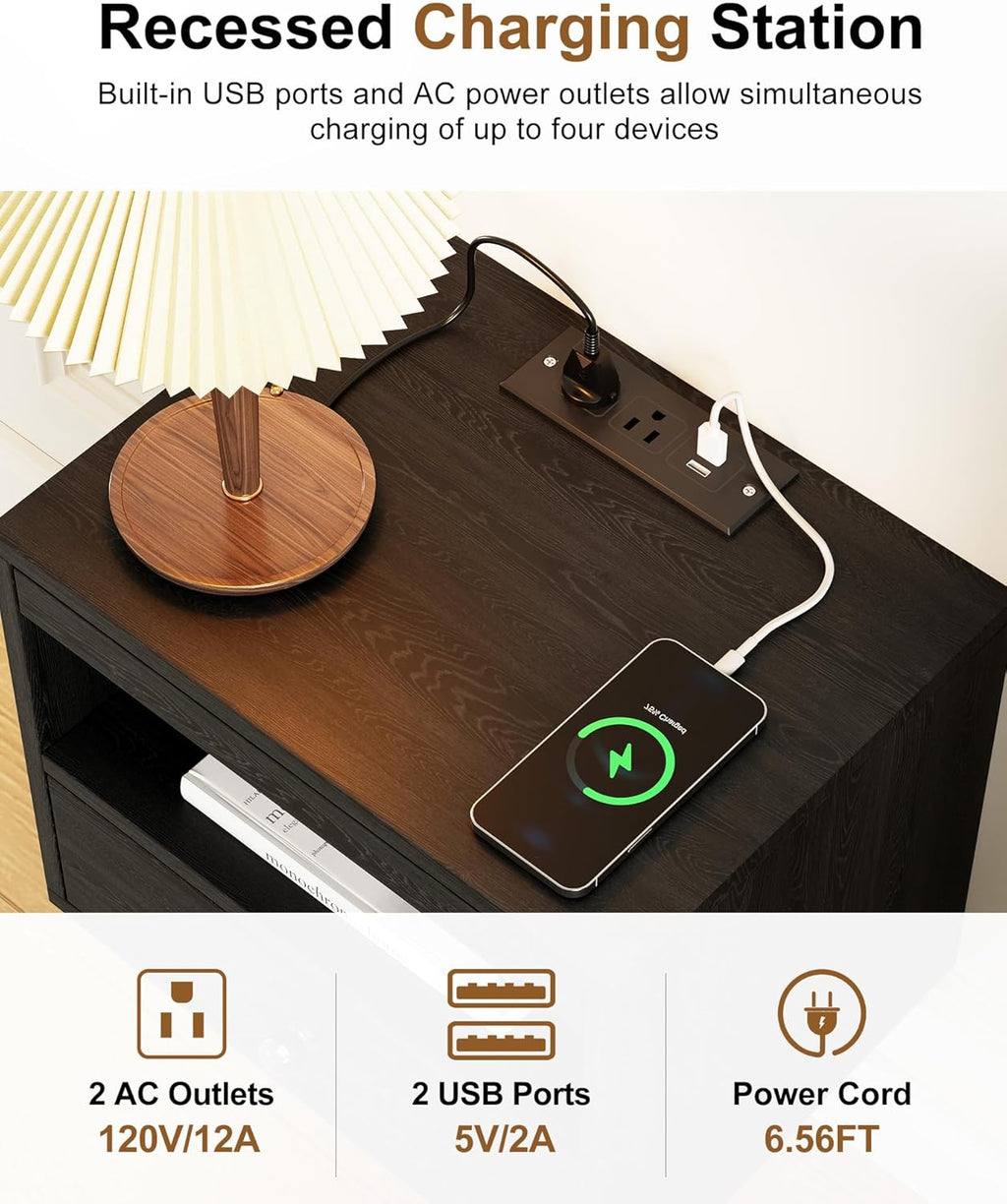 Floating Nightstand with Charging Station,Modern Bedside Table with Drawers and Extension Panel, Small Wall Mounted Nightstands for Bedroom Room，Floating Sofa Side Table（ Black ）