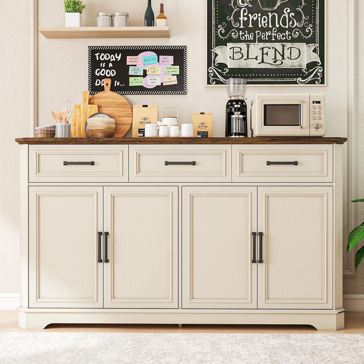 64 Inch Farmhouse Buffet Cabinet, Large Sideboard & Buffet with 4 Doors and 3 Drawers, Modern Credenza with Storage for Dining Room, Living Room, Kitchen, Antique White