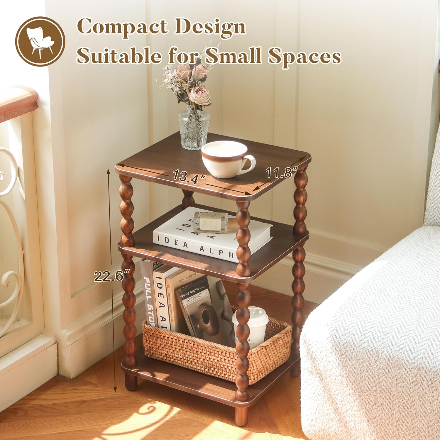 Fultyle Small Side Table, 3-Tier End Table Living Room with Storage, Wood Accent Table Bedside Table for Bedroom, Office and Small Spaces (Walnut Brown)