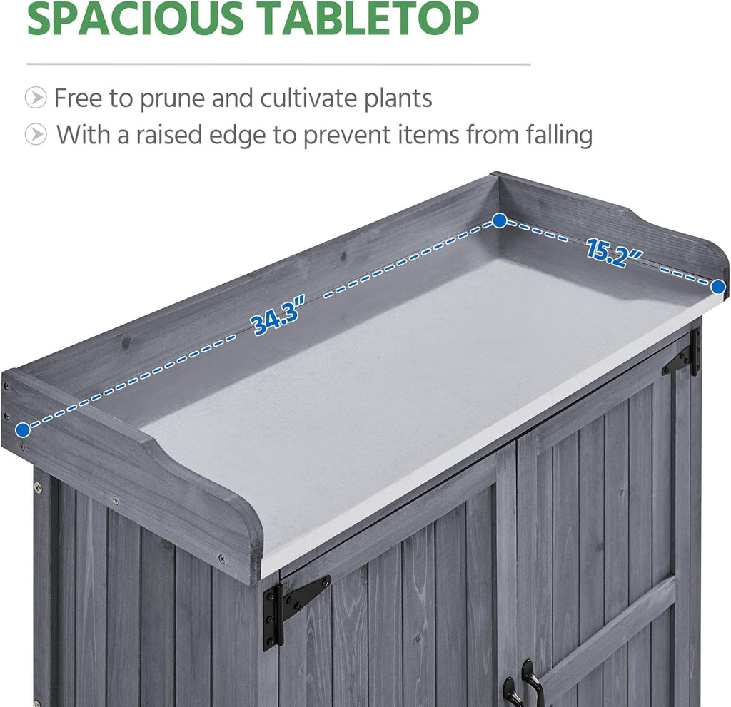 Yaheetech Garden Potting Bench Table, Outdoor Garden Horticultural Wooden Storage Cabinet & Solid Wood Planting Work Bench with Large Space Storage & Metal-Plated Tabletop, Gray
