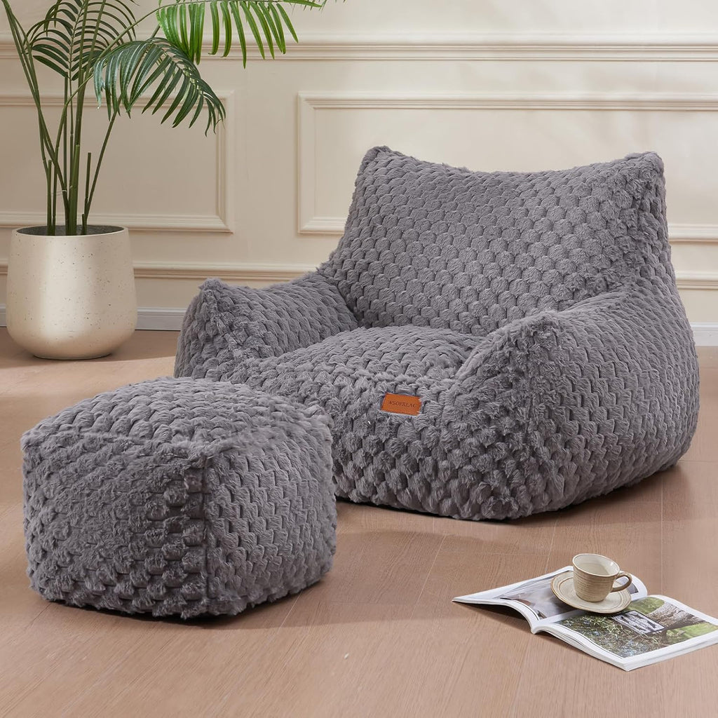 Gaming Chair Comfy Bean Bag Couch Sofa Chair for Bedroom, Modern Faux Fur Reading Bean Bag Chairs for Adults Teens, Living Room Adult Bean Bag Chair with Footrest
