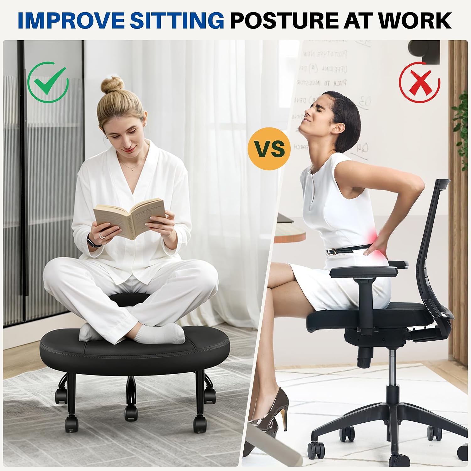 Cross Legged Office Chair with Wheels, Ergonomic Kneeling Chair with Lumbar Support and Adjustable Height for Meditation, ADHD Desk & Yoga