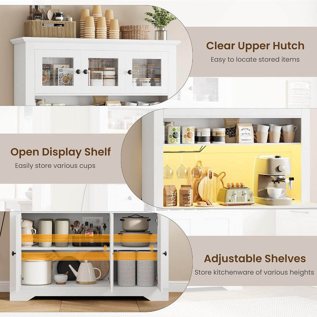 68.7 " Pantry Cabinet with LED Light and Charging Station, Kitchen Pantry Storage Cabinet with Countertop, Large Kitchen Hutch with Wine Rack & Adjustable Shelves for Dining Room, Living Room