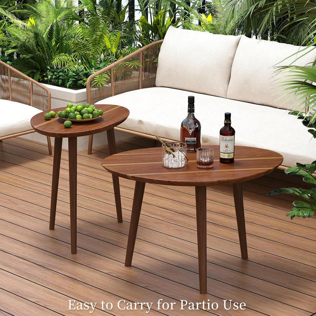Small Oval Coffee Tables Set,Acacia Wood Nesting Tables（25.6"x17.7"+17.7"x13.4" for Living Room Small Spaces Office,Easy Assembly Wooden Minimalist Walnut Mid Century Modern Coffee Table