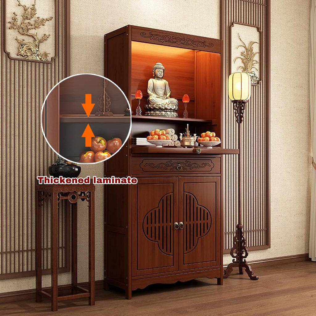 Meditation Altar Table with Storage, Bamboo Buddhist Altar, Shrine Altar Cabinet with Drawers for Worship & Prayer, Suit for Home, Business, Temple (C, 14.9inch)