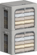 FHSQX 2 Pack Clear Window Storage Bins - Large Stackable Linen Fabric Storage for Clothes Foldable Container Organizer Set with Carrying Handles (Light Gray, 15.7x 11.8x 9.8Inch)