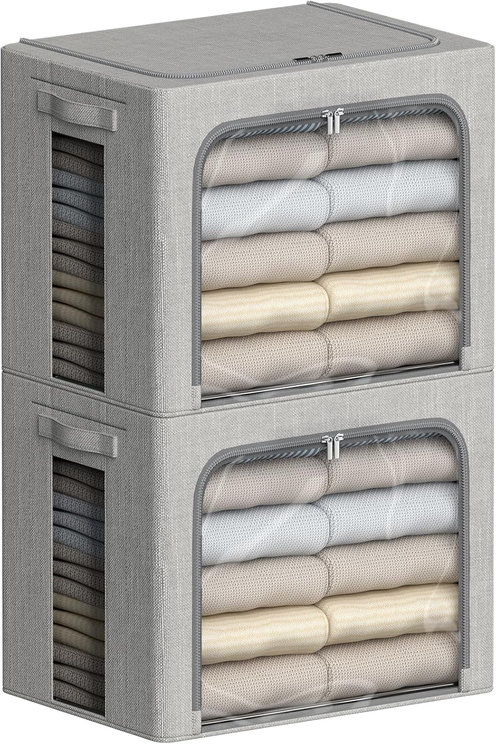 FHSQX 2 Pack Clear Window Storage Bins - Large Stackable Linen Fabric Storage for Clothes Foldable Container Organizer Set with Carrying Handles (Light Gray, 15.7x 11.8x 9.8Inch)