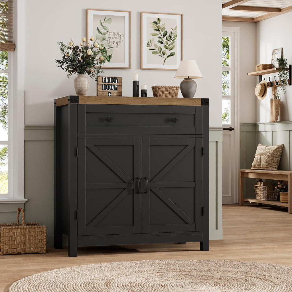 HOSTACK Coffee Bar Cabinet, Kitchen Storage Cabinet, Modern Farmhouse Buffet Sideboard with Drawer & Adjustable Shelf, Barn Door Accent Cabinets for Kitchen, Dining Room, Entryway, Black/Rustic Brown
